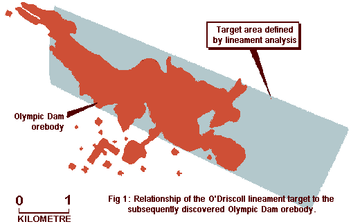 Relationship of the O'Driscoll lineament target to the subsequently discovered Olylmpic Dam orebody