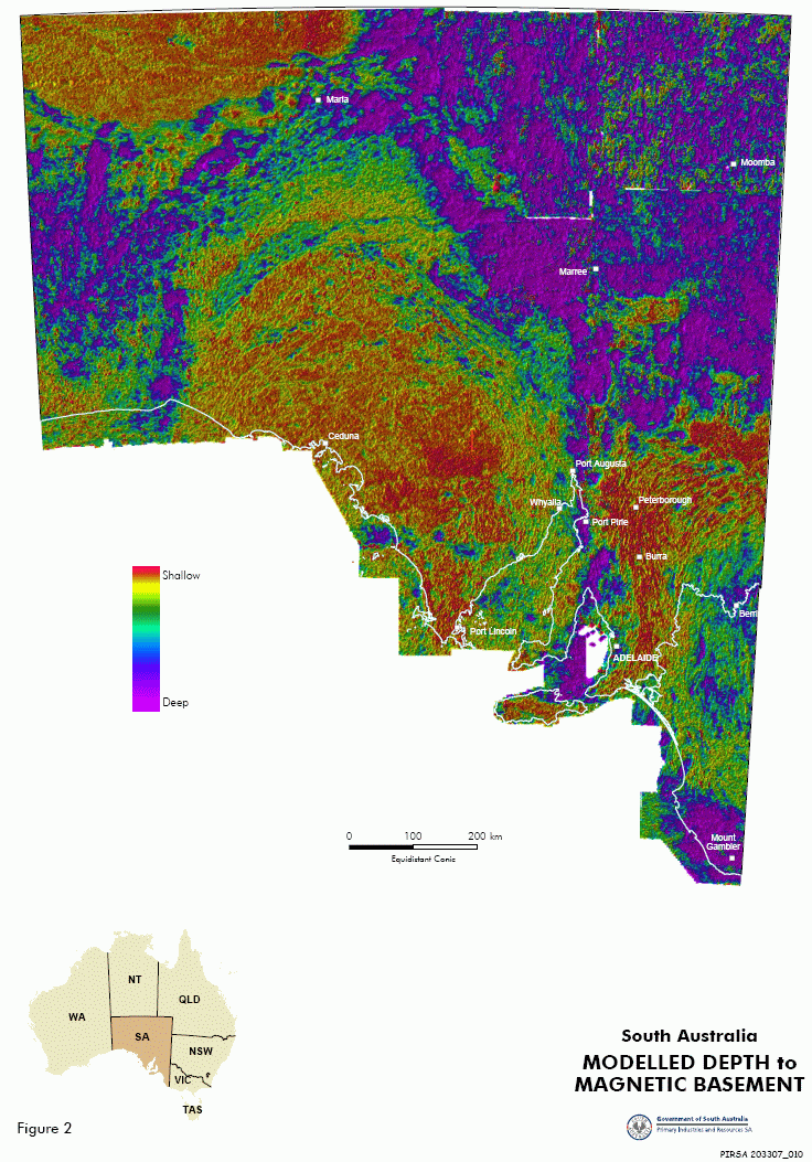 Map showing Modelled Depth to Magnetic Basement in South Australia
