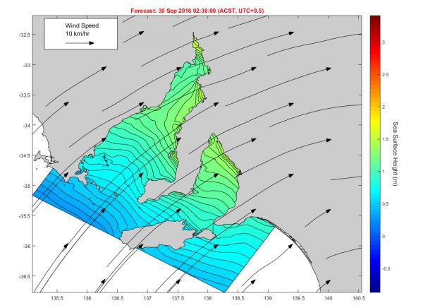 Figure 1: The above plot from the animation linked below, shows contours of sea level (black) that are plotted for the TGM at  5 cm intervals with an amplitude (in metres) shown by the right-side colour bar. The winds at the time are illustrated by the black arrows with that for a 10 km/hr speed indicated in the white box.