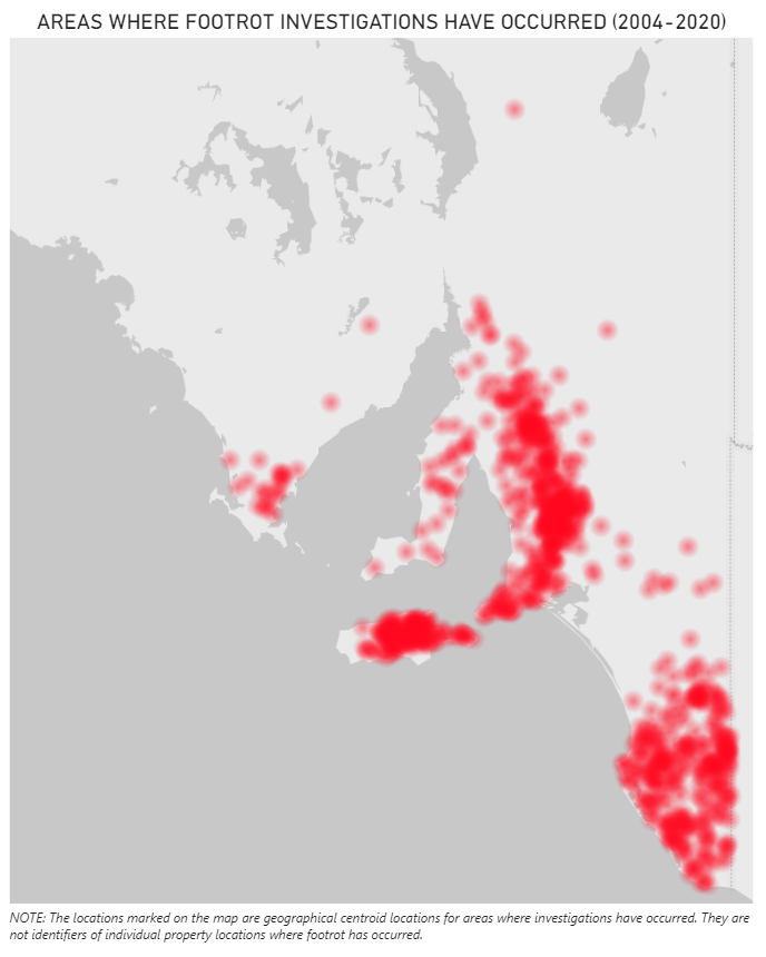 Areas where footrot investigations have occurred 2004 to 2020
