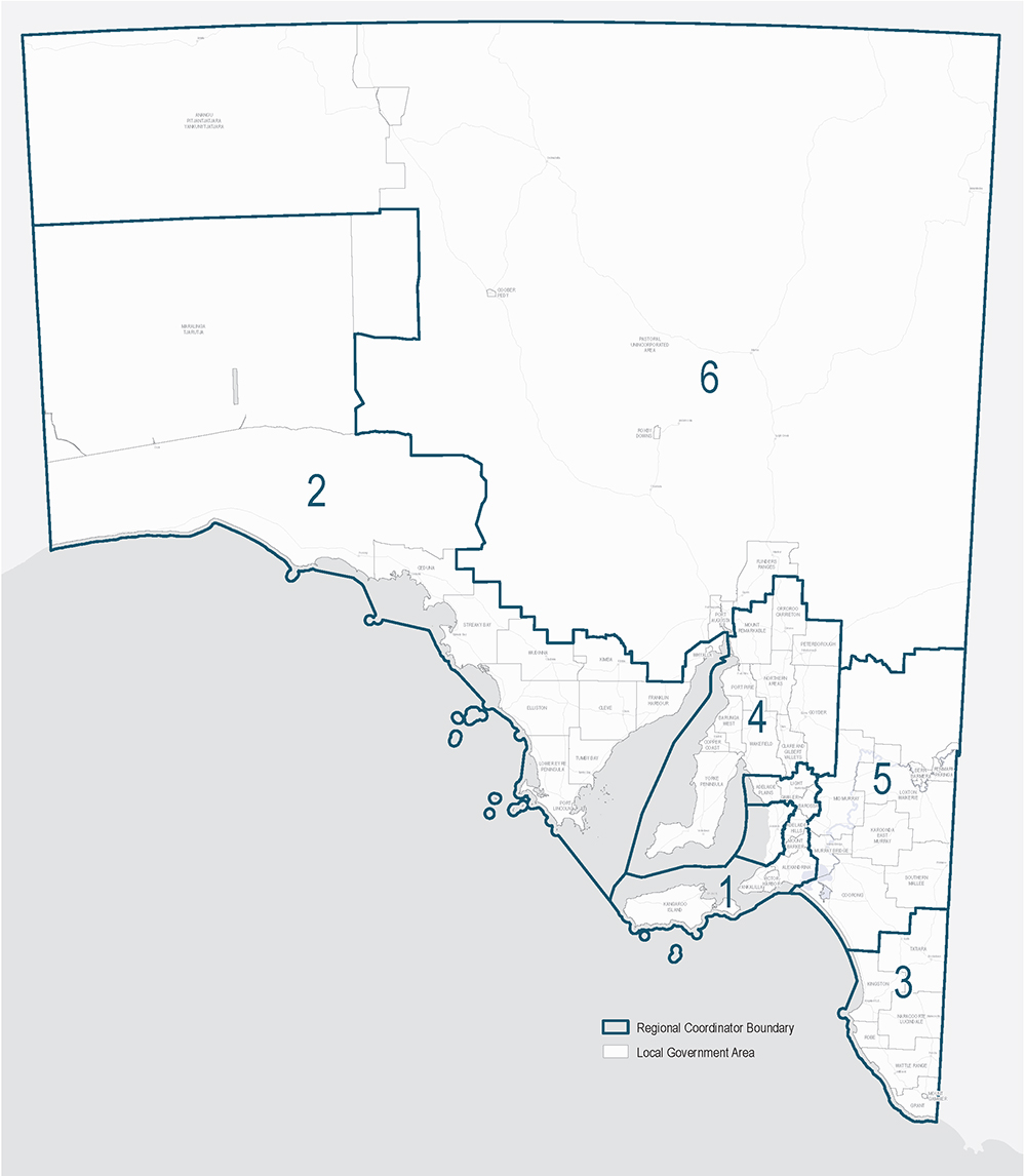 Map of South Australia split into 6 regions
