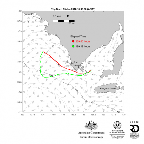 Figure 1: The optimal shortest distance route is shown in red, the fasted time route is shown in green. Both routes show an initial position in the GAB to the mouth of the Gulf from 5th - 15th January 2016. The initial route guess is 4 waypoints. The light arrows denote currents at the end of the transit and the 200 m isobath is indicated.