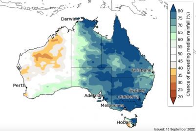 The chance of above median rainfall for October to December 2022 (image: Bureau of Meteorology licensed under the Creative Commons Attribution 4.0 International Licence)