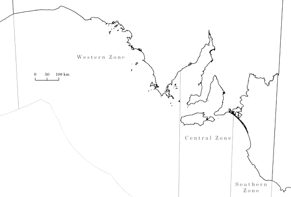 A map of South Australian waters showing the western, central and southern zones.