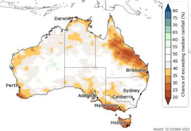 The chance of above median rainfall for November 2023 to January 2024 (image: Bureau of Meteorology – CC-BY-4.0)