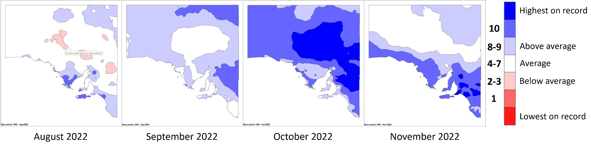 4 graphs showing rainfall across Australia for August to November 2022