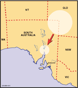 Map showing where locusts are being monitored in South Australia in the region north of Port Augusta to the southern end of Lake Torrens