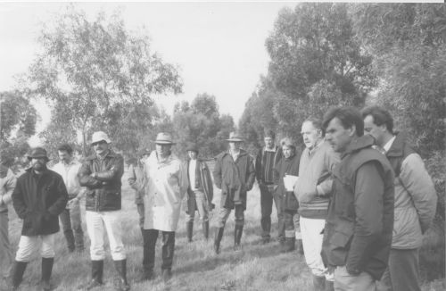 Farmers and agronomists attending a soil salinity workshop at a trial site near Jamestown in the 1970s.